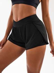 SHEIN Sports 女士纯色不对称腰运动休闲短裤健身短裤 - 黑色 - 查看 4