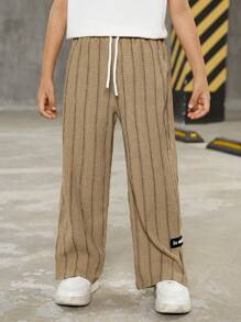 Kids Boys' Casual Striped Pattern Straight Leg Loose Fit Applique Cargo Pants, Versatile For School, Commute, Daily Wear, Vacation, Sports, Suitable For Spring/Summer - Khaki - View 3