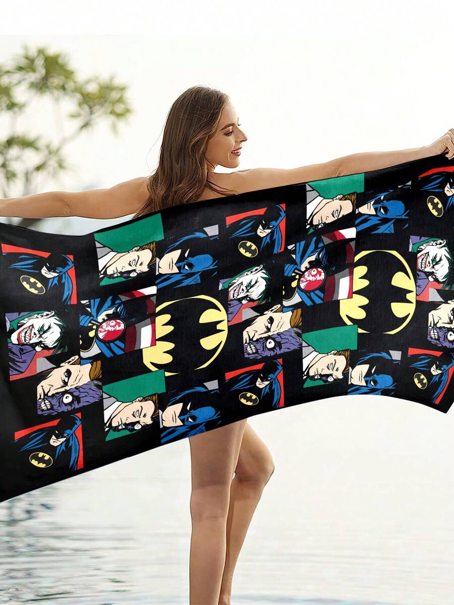 BATMAN X SHEIN 速干吸水沙滩巾披肩 - 轻便便携游泳巾，适合女士、游泳、水疗、沙滩、瑜伽 - 多种尺寸 - 黑色 - 查看 1