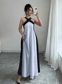 SHEIN ChicEase 女式夏季波西米亚风格度假露背蝴蝶结拼色喇叭裙 - 淺藍色 - 查看 5