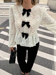 Serisse Áo kiểu nữ mùa thu thanh lịch thắt nơ, màu trơn, tay dài, chất liệu chiffon, họa tiết hoa, kiểu babydoll dệt jacquard, áo mùa thu lãng mạn họa tiết hoa jacquard, áo chiffon mùa thu nhiều màu sắc thắt nơ, áo xếp ly, thích hợp mặc hàng ngày, phong cách Pháp, đi chơi, nghỉ lễ, áo dành cho giáo viên, người giàu có, phụ nữ công sở, áo dự tiệc mùa đông xuân hè. - Màu be - Xem 4