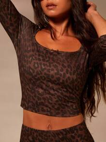 Athîral 女士时尚豹纹上衣和紧身裤两件套 - 棕色 - 查看 5