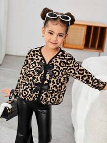 SHEIN Leap Crew Young Girl Leopard Print Knitted Cardigan, Casual Jacket - Multicolor - View 3
