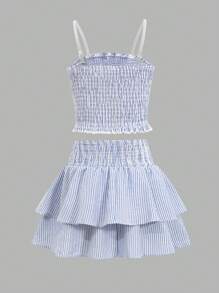 Tween Girl Casual Striped Tube Top & Ruffle Hem Skirt 2 Pieces Set - Brown - View 2