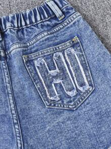 Pantaloni scurți din denim spălat, lejeri, cu design asimetric al taliei, casual, asortați, stil versatil la modă stradală, inspirați de streetwear-ul american, potriviți pentru purtare zilnică, nou-veniți - Spălare medie - Vizualizare 9