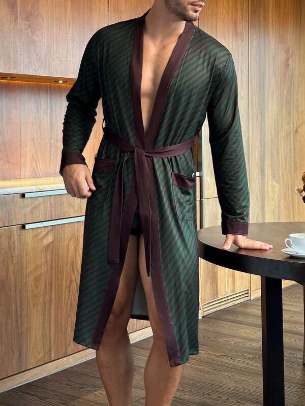 SHEIN Men's Striped Long Sleeve Loose Fit Bathrobe With Pockets