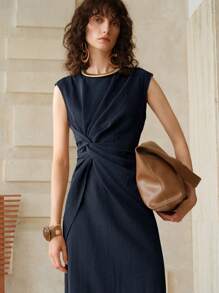 Revavyn 女士时尚不对称腰部垂坠不对称下摆无袖中长连衣裙，卡其色，夏季 - 藏蓝色 - 查看 5