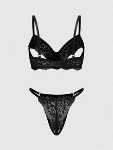 ROMWE Goth Conjunto Sexy de Lingerie Tanga Fio-Dental e Sutiã de Renda com Estrutura Gótica Escura - Preto - Visão 2