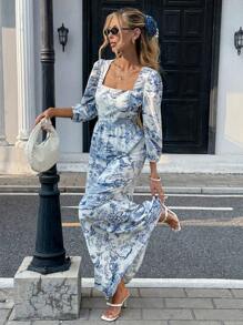 Pariaura French Chic Elegant Woven Square Collar 3/4 Sleeve Ruched Waist Summer New Arrival Floral Printed Dress For Women Autumn Dress Clothes For University