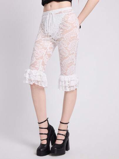 Vacation , Beach, Valentine's Day, Gothic Black Nature Style, Spring For Women, Sheer Lace Up Bowknot Elastic Multi-Layer Women's Leggings