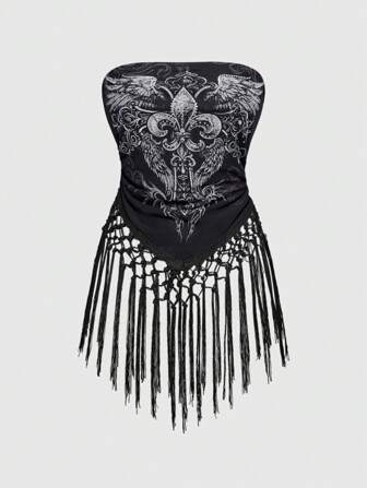 Goth توب أنبوبي مزين بالكشكشة والطبعات الفينتاج البانك مقاس كبير، مناسب لموسم الصيف وحفلات الهالوين