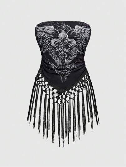 Goth Plus Size Summer Vintage Punk Pattern Tassel Hem Tube Top, Halloween