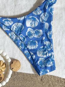 Bộ đồ bơi 2 mảnh Swim Mod-D: Kỳ nghỉ hè in họa tiết ngẫu nhiên, vải có họa tiết gân, dây đeo dày, áo ngực tam giác trang trí vỏ sò và quần bikini gợi cảm cho nữ - Màu xanh lam - Xem 4