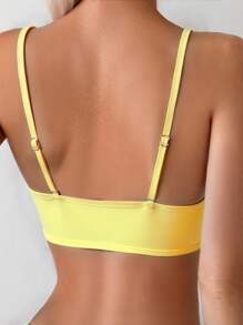 SHEIN Women's Solid Color Twist Front Halter Sexy Yellow Bikini Set, Perfect For Beach Vacation