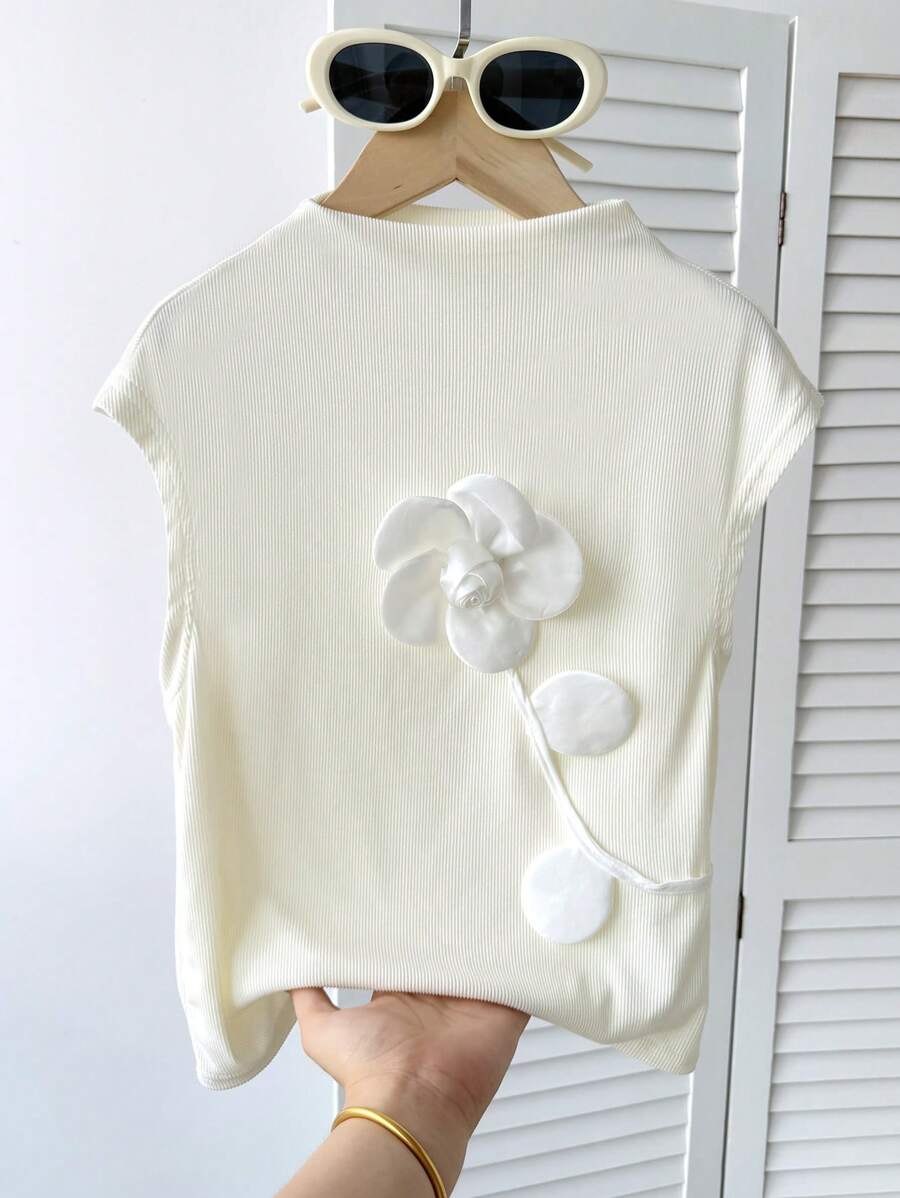 SHEIN Tween Girl Elegant Floral 3D Short Sleeve Knit T-Shirt With Stand Collar - White - View 1