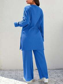 EURMUSE Set de 2 piezas talla grande con top y pantalones acanalados unicolor informal - Azul - Ver 2