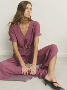 Nöista Top y pantalones holgados con cuello en V, mangas abullonadas, cintura con volantes escalonados y cordones. Casual, elegante y cómodo, perfecto para vacaciones en la playa y atuendos de aeropuerto