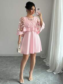 Elenzga 大码女式樱花网状披肩圆领纯色优雅连衣裙