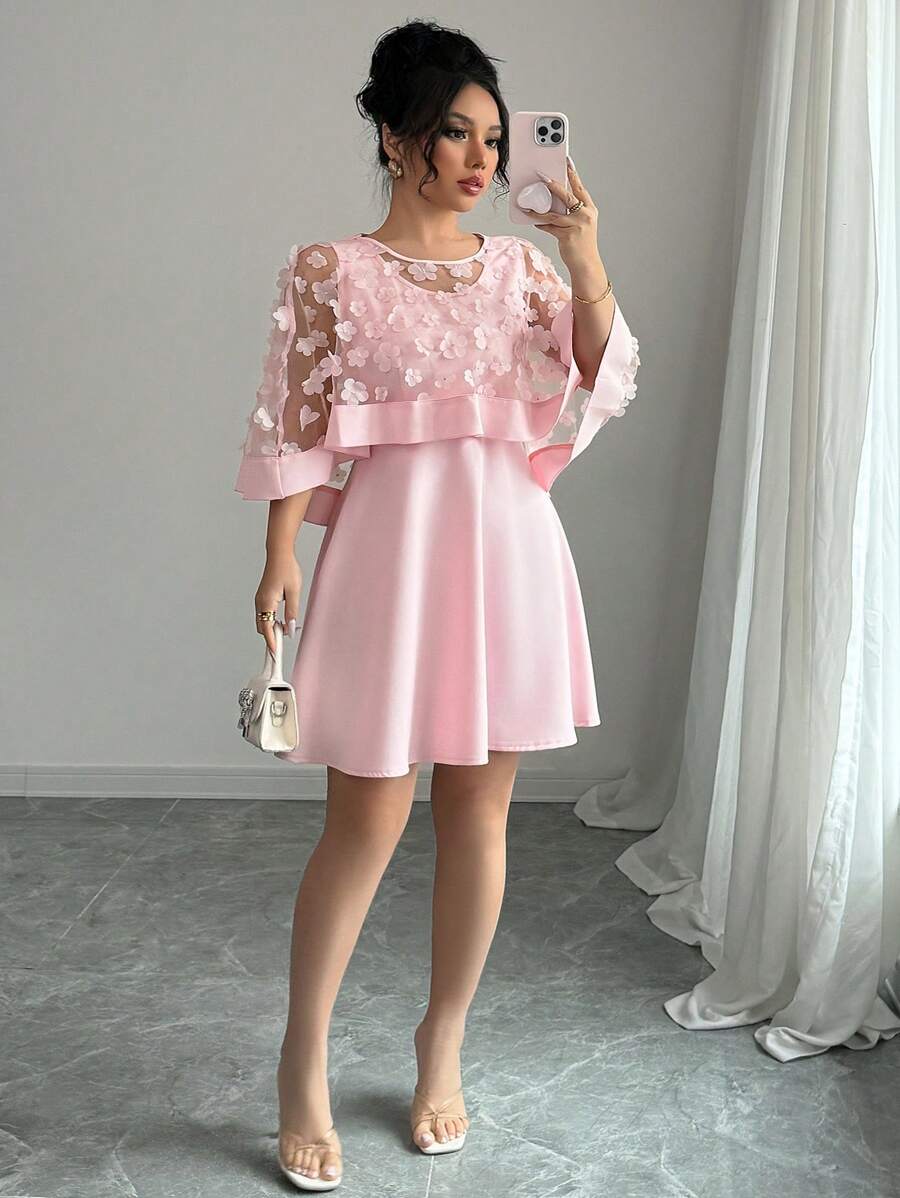 Elenzga 大码女式樱花网状披肩圆领纯色优雅连衣裙