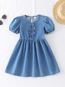 SHEIN Vestido casual de niña con mangas de farol, decorado con moño y lavado en azul denim, adecuado para primavera y verano, uso diario, actividades al aire libre, fiestas escolares y ocasiones