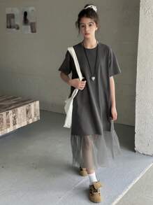 DAZY 少女圆领针织短袖撞色网眼溜冰裙，夏季，返校服 - 深灰色 - 查看 2