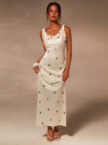 Athîral Women's Long Cherry Print Sleeveless Elegant Dress, Summer