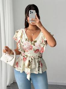 Celure Plus Size Women's Elegant Floral Print V-Neck Ruffle Sleeve Gathered Waist Blouse