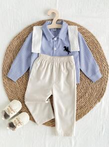 SHEIN Set de 3 piezas ropa casual multifuncional para bebé niño: impermeable, camisa a rayas con cuello y pantalones de cintura elástica, adecuado para ir al trabajo, a la escuela, casual, vacaciones, bodas y otras ocasiones, de 6 meses a 3 años, ropa para niños y bebés