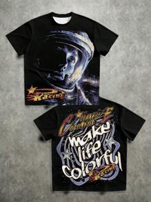 Manfinity ZONE917 复古宽松街头风格太空救援宇航员印花圆领T恤 - 黑色 - 查看 1