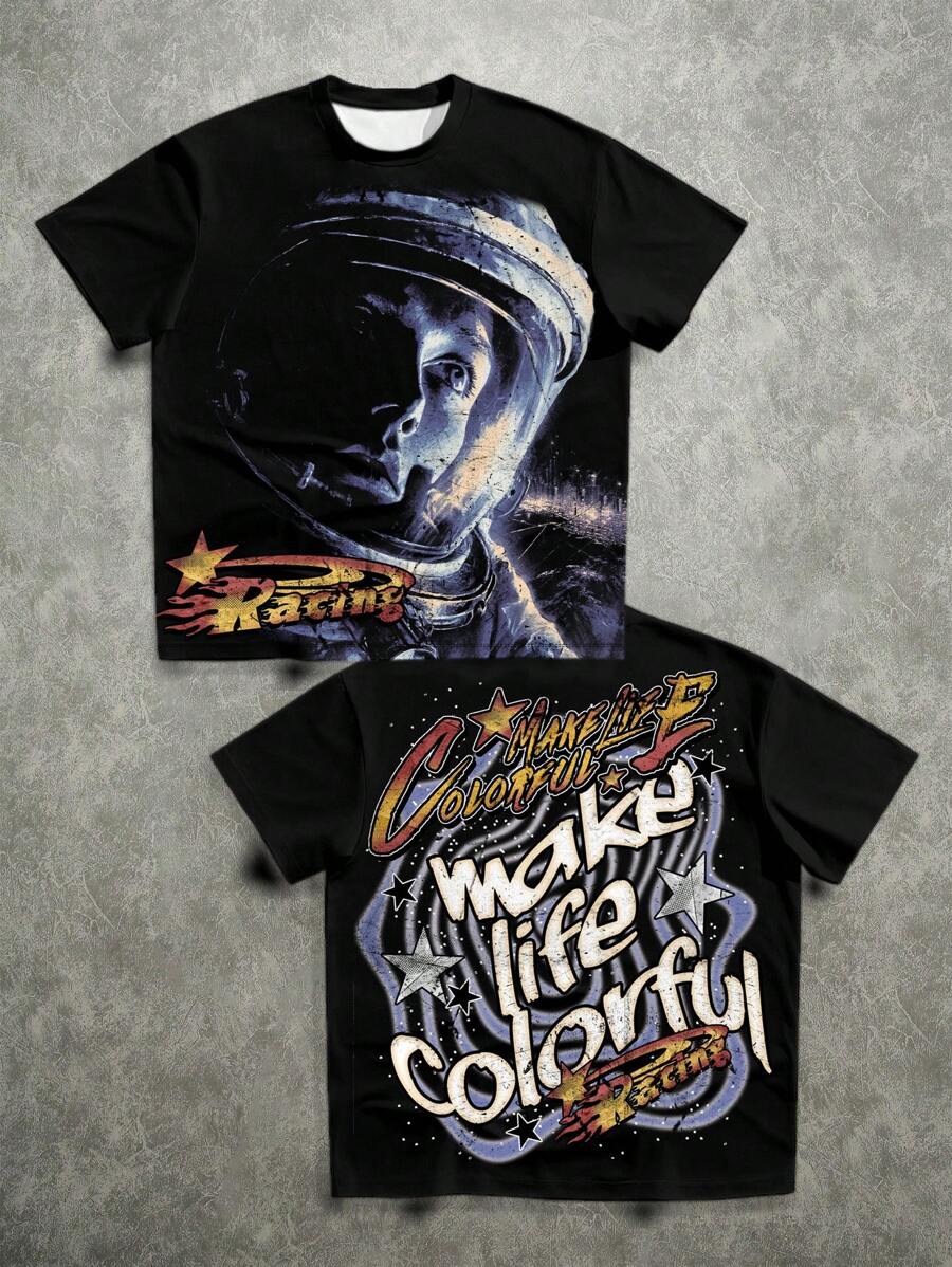 Manfinity ZONE917 复古宽松街头风格太空救援宇航员印花圆领T恤 - 黑色 - 查看 1