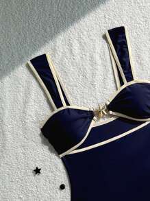 Costavie Women's Holiday Party Beach One Piece Swimsuit Swimming Costume In Black & White Nylon Material For Summer Beach Vacation - Navy Blue - View 4