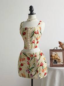 Elamini Tulip Jacquard Scoop Neck Top & Mini Low-Waist Skirt, Spring/Summer - Brown - View 1