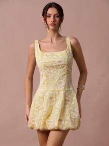 Enchnt Damen elegantes Mini-Kleid mit Blumenstickerei, Sommer - Gelb - Übersicht 3