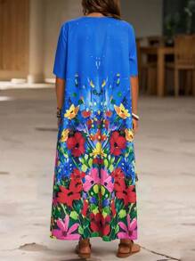 EMERY ROSE Plus Size Tropical Floral Print V-Neck Button Decor Asymmetrical Hem Short Sleeve Women's Dress, Suitable For Spring/Summer Plus Size Floral Dress Plus Size Maxi Summer Dress Floral Maxi Dress Plus Size Plus Size Floral Maxi Dress Summer Dresses For Women,Flowy Dress - Multicolor - View 2