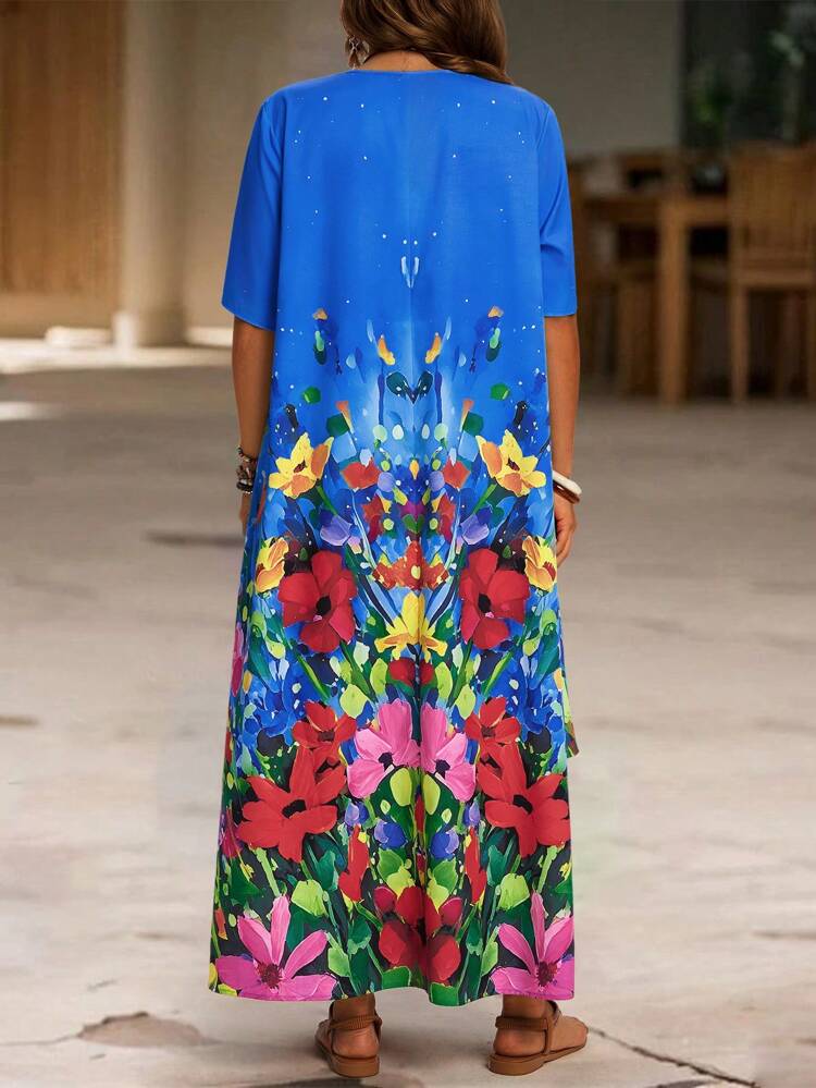 Plus Size Tropical Floral Print V-Neck Button Decor Asymmetrical Hem Short Sleeve Women's Dress, Suitable For Spring/Summer Plus Size Floral Dress Plus Size Maxi Summer Dress Floral Maxi Dress Plus Size Plus Size Floral Maxi Dress Summer Dresses For Women,Flowy Dress