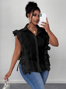 Maweii 大码梭织优雅浪漫花卉蕾丝边无袖衬衫 - 黑色 - 查看 4