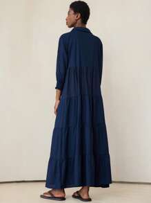 Aveloria Modichic New Linen Patchwork Ruffle Hem Long Dress, Elegant Design For Women - Navy Blue - View 2