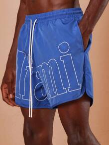 SUMWON Athletic Performance Swimming Trunks Beach Pool Elastic Drawstring Waistband Logo Board Shorts Surfer Style Mid Length Vacation Resort Leisure Sportswear - Blue - View 5