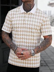 Manfinity Homme 男式半开襟插肩袖格子休闲 Polo 衫，夏季 - 卡其色 - 查看 4