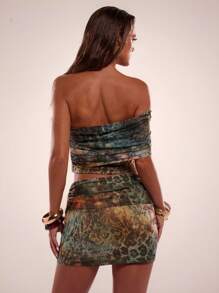 SHEIN BAE Summer Outing Vacation Mesh Printed Fabric Asymmetric Women's Top And Bottom Suit Outing Dating, Beach Party, Beach Vacation Wear - Olive Green - View 2