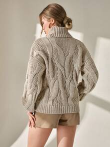 CLARA VERO Women Solid Color Cable Knit Pattern Turtleneck Drop Shoulder Chunky Pullover Turtleneck Sweater Women Cable Knit Sweater Knitted Jumper Winter Sweaters For Women Womens Knitwear Turtle Neck Women Knitted Jumper For Women Womens Winter Sweaters Chunky Knit Sweater,Jumpers,Women's Jumpers