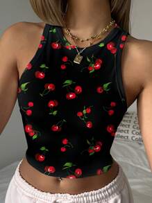 SHEIN EZwear Cherry Print Casual Minimalist Round Neck Slim Fit Women Tank Top Suitable For Summer Chic - Multicolor - View 4