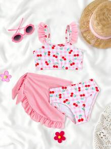 小女孩 3 件套比基尼套装：可爱樱桃格子泳衣 + 粉色网眼裙，幼儿/小女孩度假海滩泳装 - 淺粉色 - 查看 1