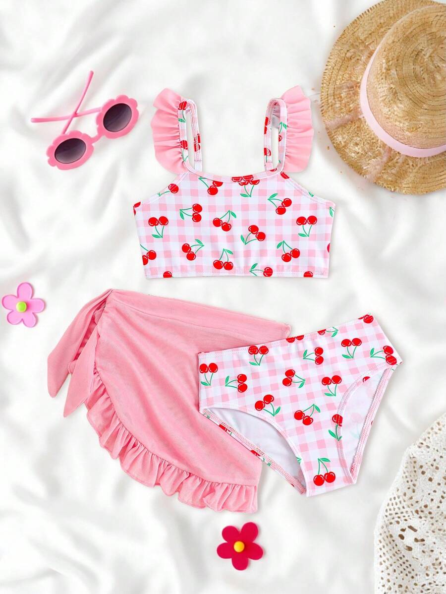 小女孩 3 件套比基尼套装：可爱樱桃格子泳衣 + 粉色网眼裙，幼儿/小女孩度假海滩泳装 - 淺粉色 - 查看 1