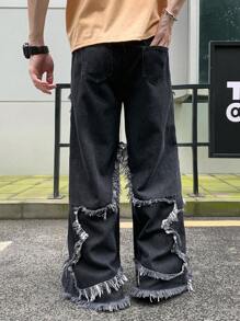 SHEIN Teen Boy Casual Cool Y2K Fashion Star Patchwork Fringe Low-Waisted Baggy Wide Leg Denim Jeans Pants With Raw Hem And Slanted Pocket For Kids Clothes Boys Costume Dailywear And Kids Summer And Spring Rave Outfits Festival And Beach Outfits Clothes Fall Clothes Back To School Old Money Style Streetwear Punk Winter