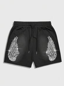ROMWE MEN Street Life Men's Summer Casual Rhinestone Wing Shorts - Black - View 1