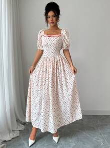 Modelyn French Style Square Neck Puff Sleeve Slimming Chic Women Dress, Summer - Apricot - View 4