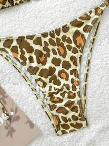 Soleia 2 piezas Conjunto de bikini de mujer con estampado de leopardo, color contrastante y detalles con cuentas, para usar de vacaciones - Multicolor - Ver 3