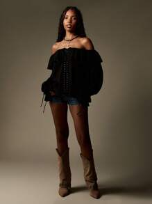 MISSGUIDED Off Shoulder Chiffon Blouse Lace Up Corset Style Top Long Balloon Sleeve Ruffle Trim Autumn Winter Fashion Party Top - Black - View 3