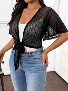 Calvaya Plus Size Women's Casual Solid Color Sheer Thin Bomber Jacket - Black - View 1